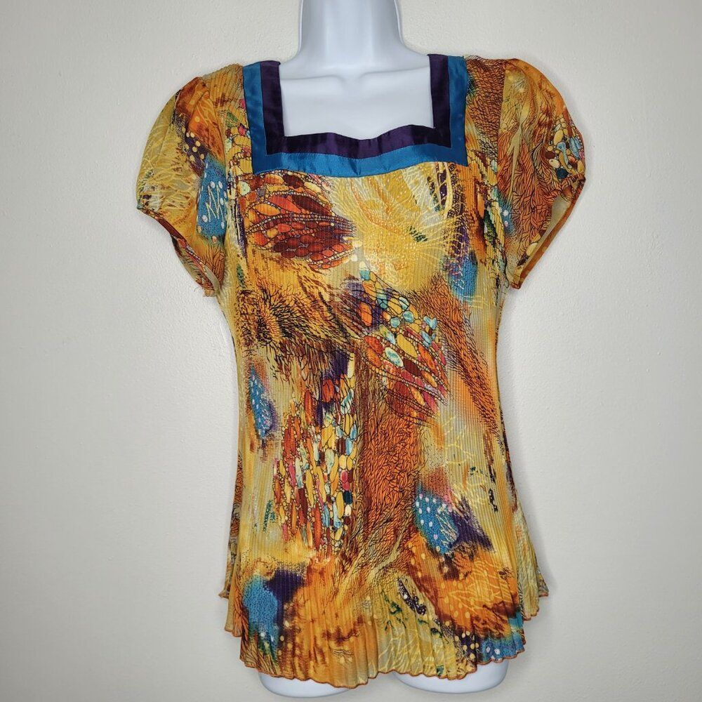 Vintage 90s y2k orange pleated artsy stretch grunge abstract square neck top L